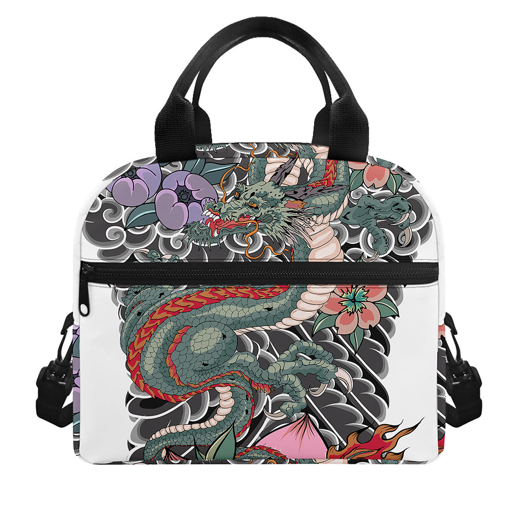 Green Japanese Dragon Tattoo Print Insulated Lunch Bag