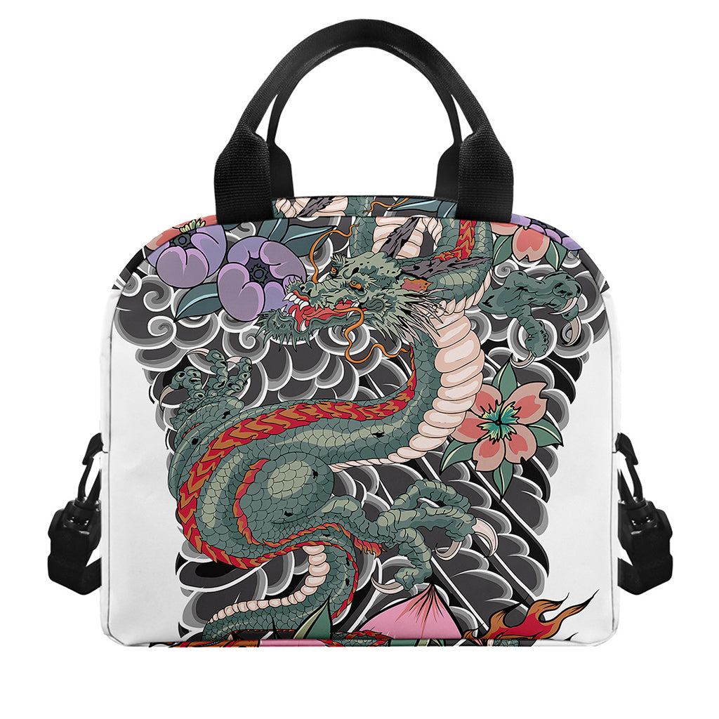 Green Japanese Dragon Tattoo Print Insulated Lunch Bag