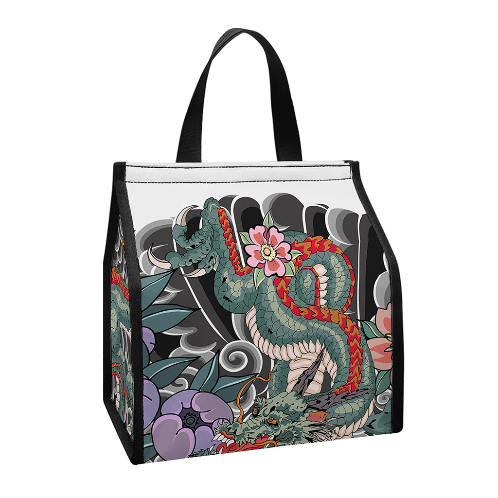 Green Japanese Dragon Tattoo Print Insulated Lunch Tote