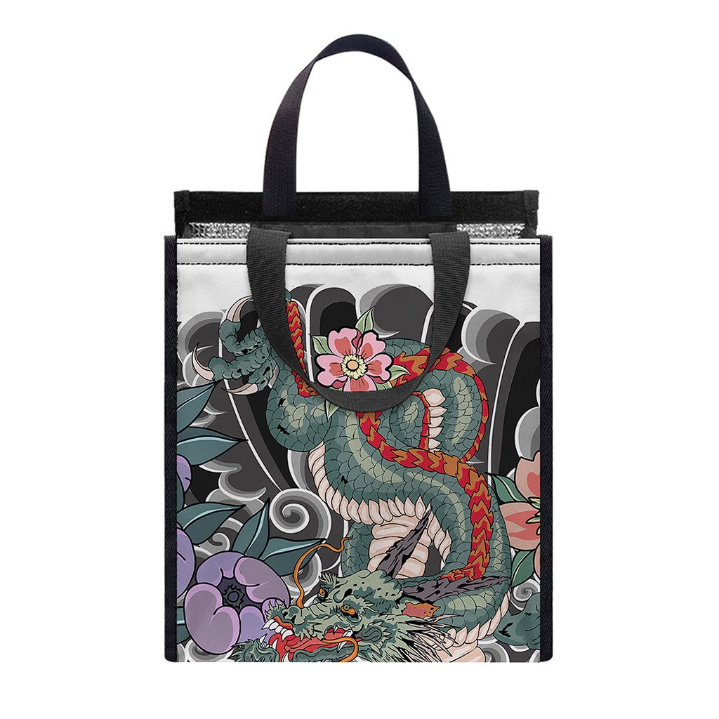 Green Japanese Dragon Tattoo Print Insulated Lunch Tote
