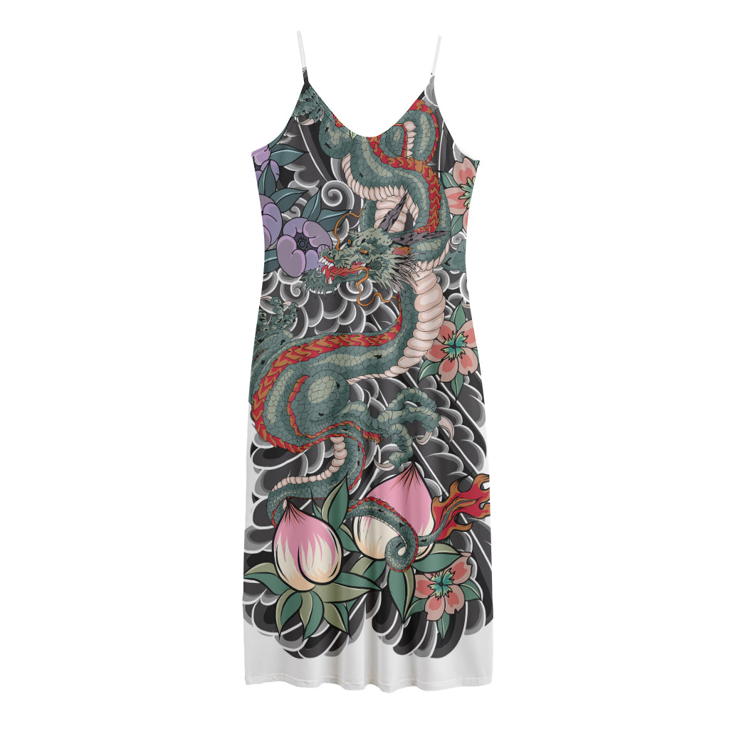 Green Japanese Dragon Tattoo Print Jersey Midi Cami Dress