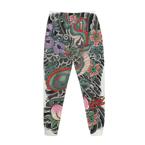 Green Japanese Dragon Tattoo Print Jogger Pants