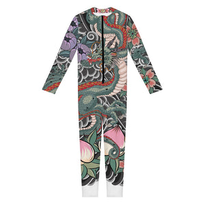 Green Japanese Dragon Tattoo Print Jumpsuit