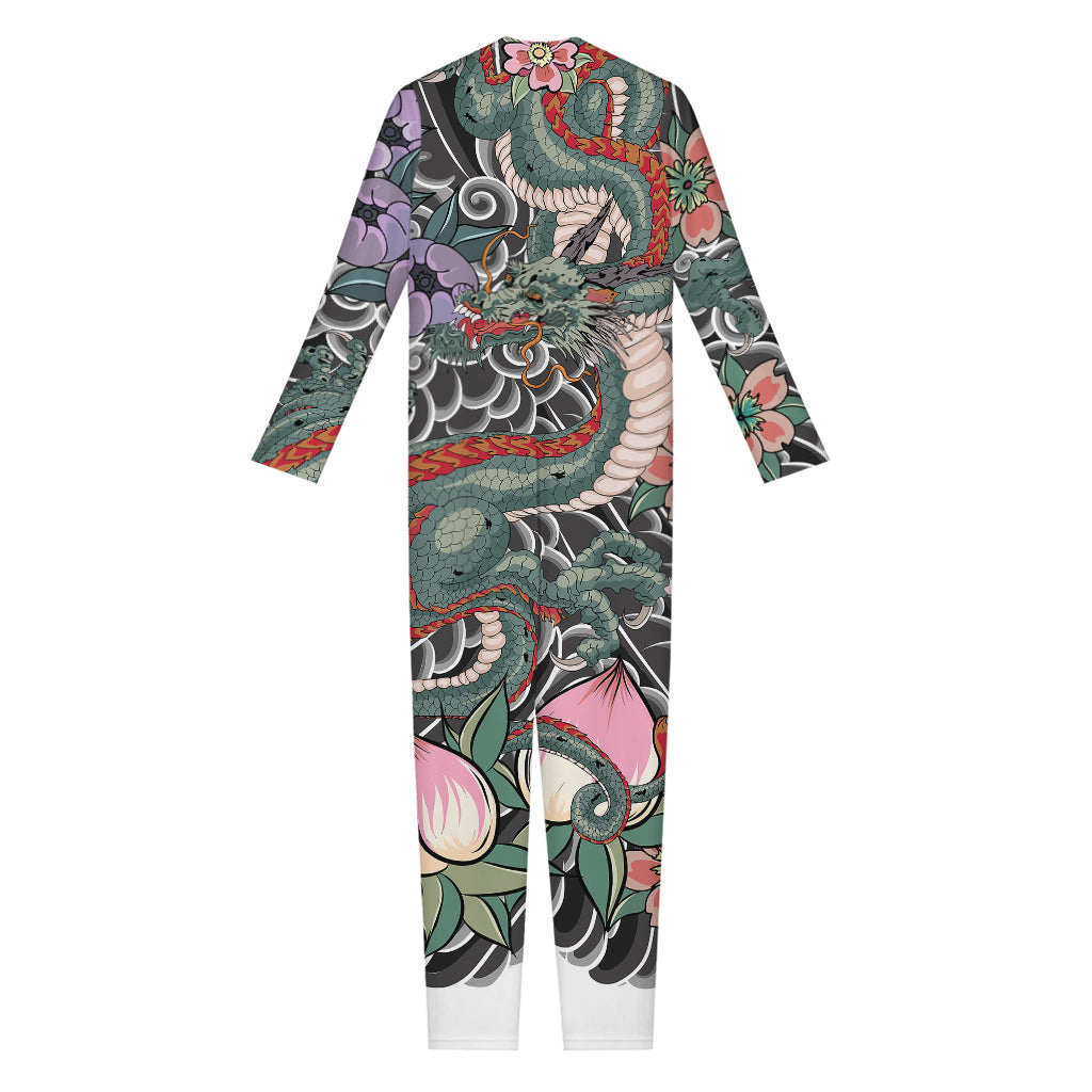 Green Japanese Dragon Tattoo Print Jumpsuit