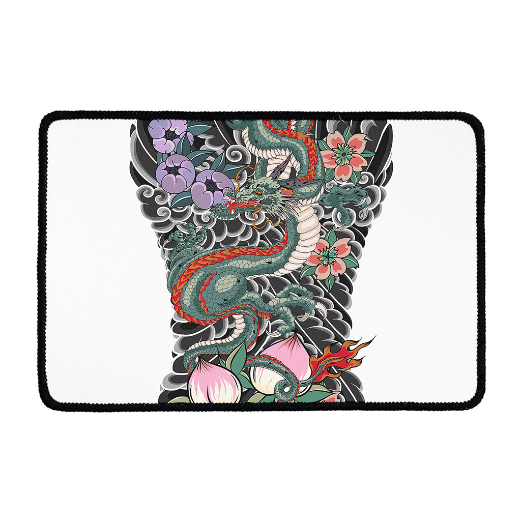 Green Japanese Dragon Tattoo Print Kitchen Mat