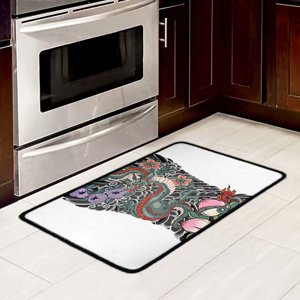 Green Japanese Dragon Tattoo Print Kitchen Mat