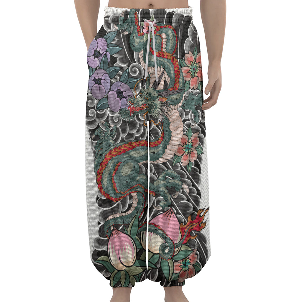 Green Japanese Dragon Tattoo Print Lantern Pants