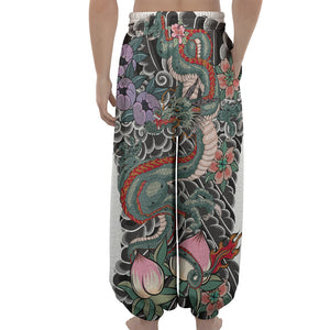 Green Japanese Dragon Tattoo Print Lantern Pants