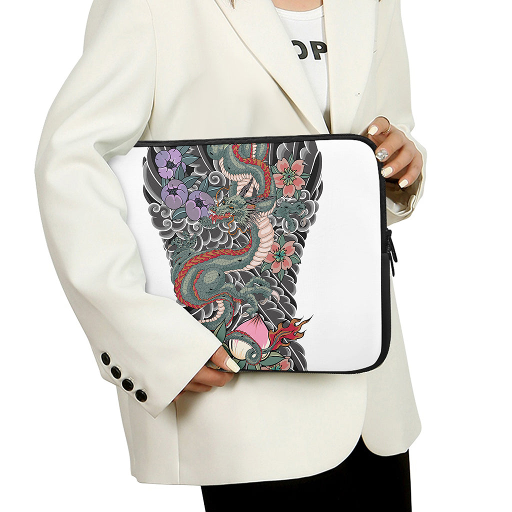Green Japanese Dragon Tattoo Print Laptop Sleeve