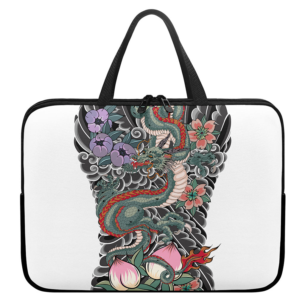 Green Japanese Dragon Tattoo Print Laptop Sleeve With Handle