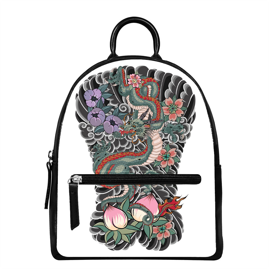 Green Japanese Dragon Tattoo Print Leather Backpack