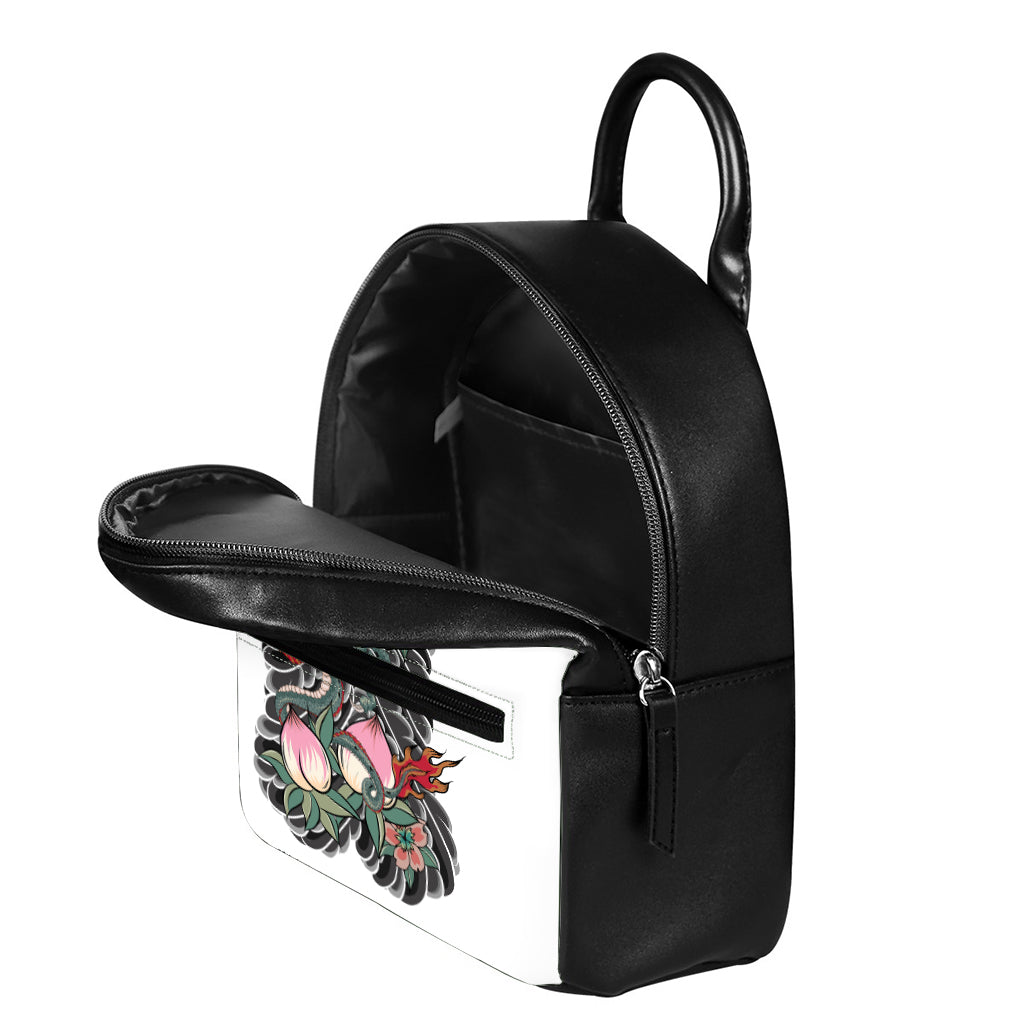 Green Japanese Dragon Tattoo Print Leather Backpack