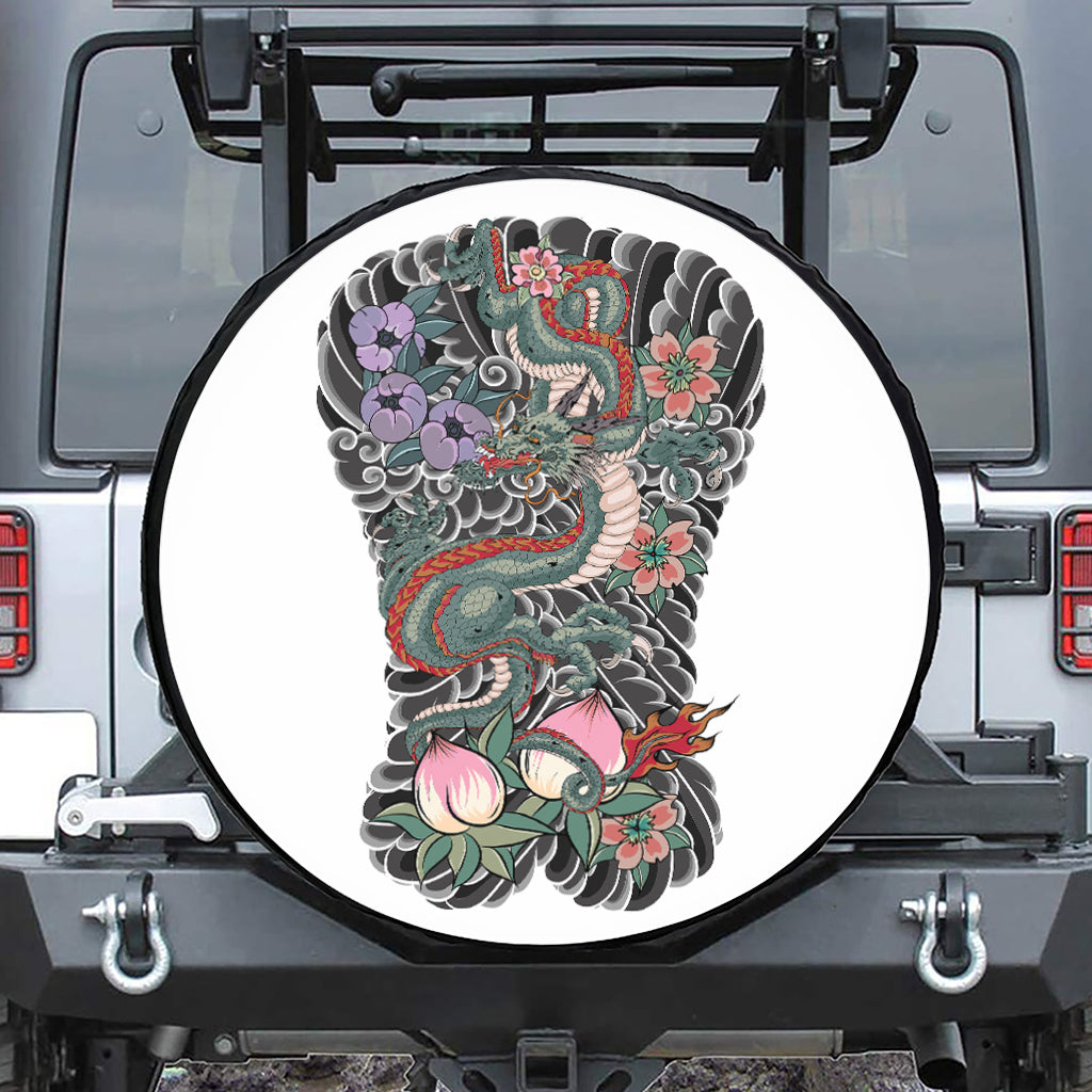 Green Japanese Dragon Tattoo Print Leather Spare Tire Cover