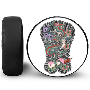 Green Japanese Dragon Tattoo Print Leather Spare Tire Cover