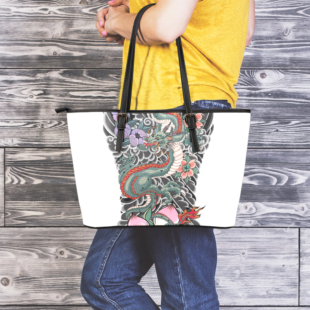 Green Japanese Dragon Tattoo Print Leather Tote Bag