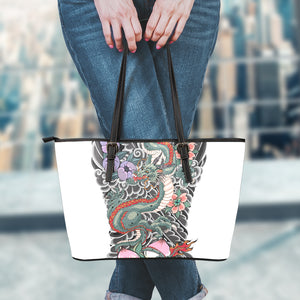 Green Japanese Dragon Tattoo Print Leather Tote Bag