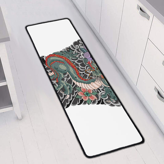 Green Japanese Dragon Tattoo Print Long Kitchen Mat