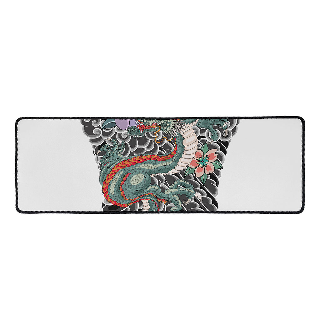 Green Japanese Dragon Tattoo Print Long Kitchen Mat