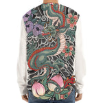 Green Japanese Dragon Tattoo Print Long Sleeve Baseball Jersey