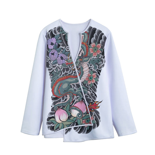 Green Japanese Dragon Tattoo Print Long Sleeve Short Coat