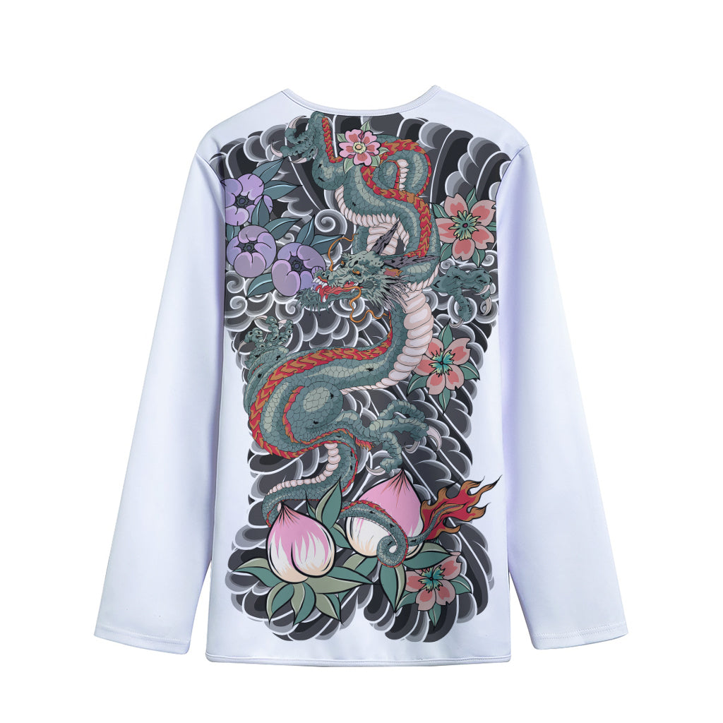 Green Japanese Dragon Tattoo Print Long Sleeve Short Coat