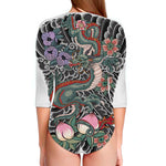 Green Japanese Dragon Tattoo Print Long Sleeve Swimsuit