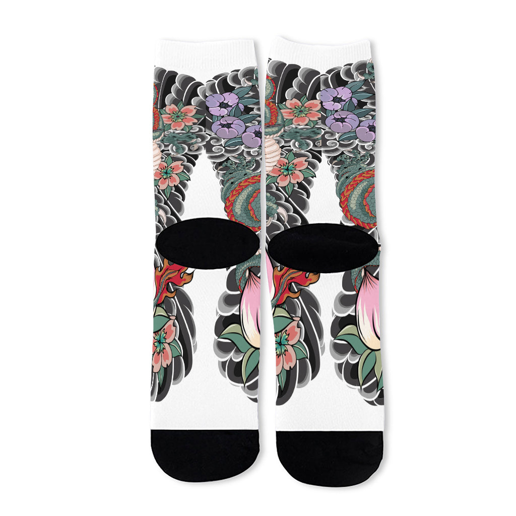 Green Japanese Dragon Tattoo Print Long Socks