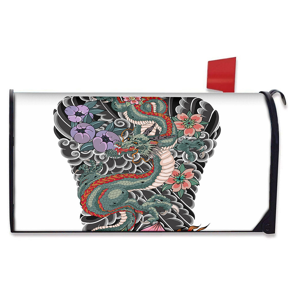 Green Japanese Dragon Tattoo Print Mailbox Cover