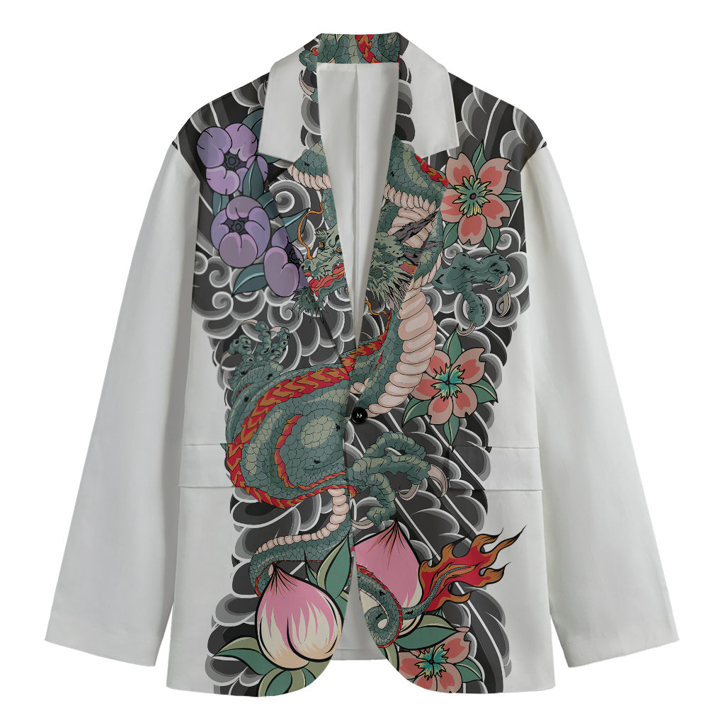 Green Japanese Dragon Tattoo Print Men's Blazer