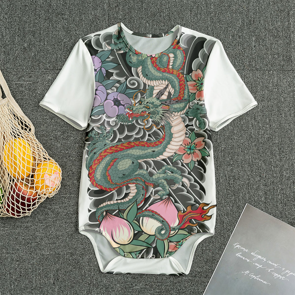 Green Japanese Dragon Tattoo Print Men's Bodysuit