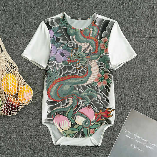 Green Japanese Dragon Tattoo Print Men's Bodysuit