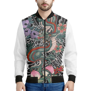 Green Japanese Dragon Tattoo Print Men's Bomber Jacket