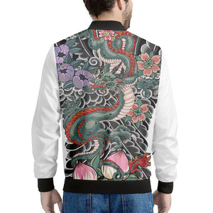 Green Japanese Dragon Tattoo Print Men's Bomber Jacket