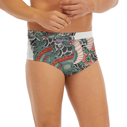 Green Japanese Dragon Tattoo Print Men's Briefs