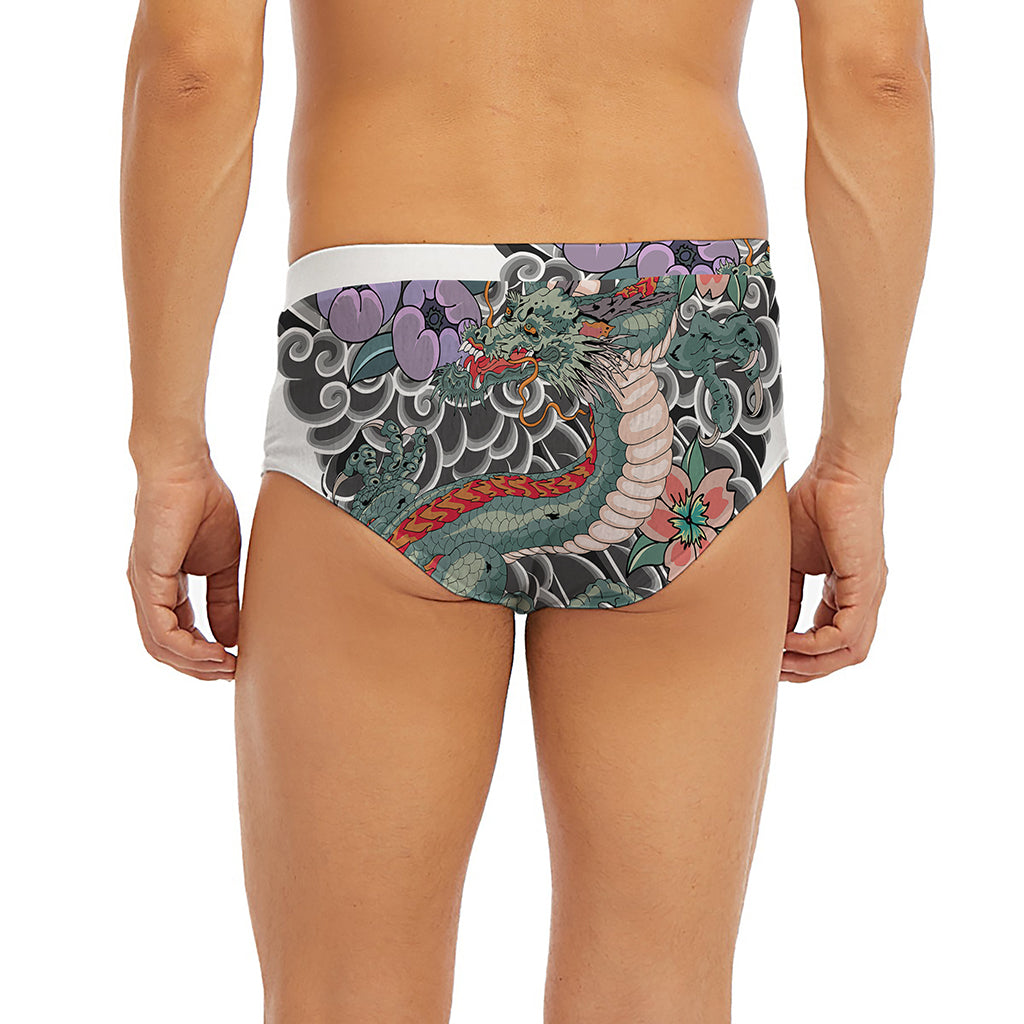 Green Japanese Dragon Tattoo Print Men's Briefs