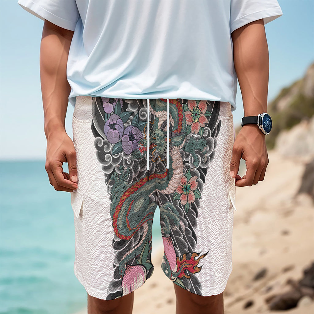 Green Japanese Dragon Tattoo Print Men's Cargo Shorts