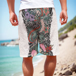 Green Japanese Dragon Tattoo Print Men's Cargo Shorts