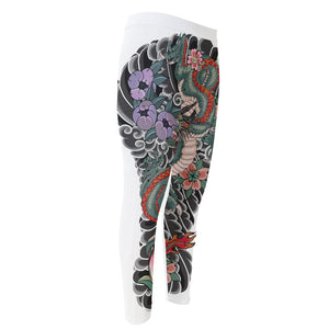 Green Japanese Dragon Tattoo Print Men's Compression Pants