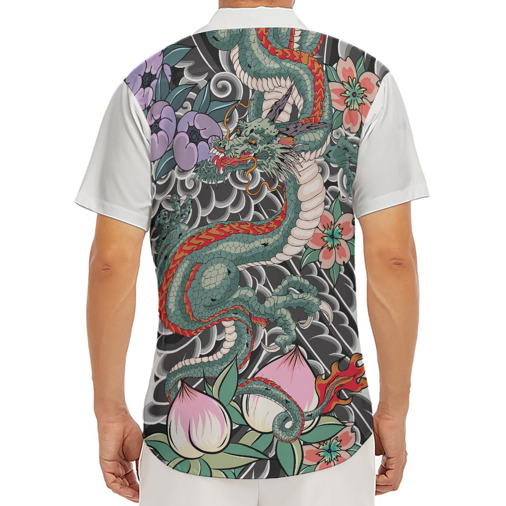 Green Japanese Dragon Tattoo Print Men's Deep V-Neck Shirt