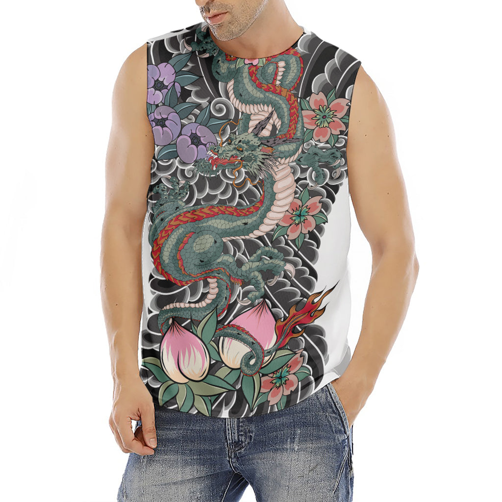 Green Japanese Dragon Tattoo Print Men's Fitness Tank Top