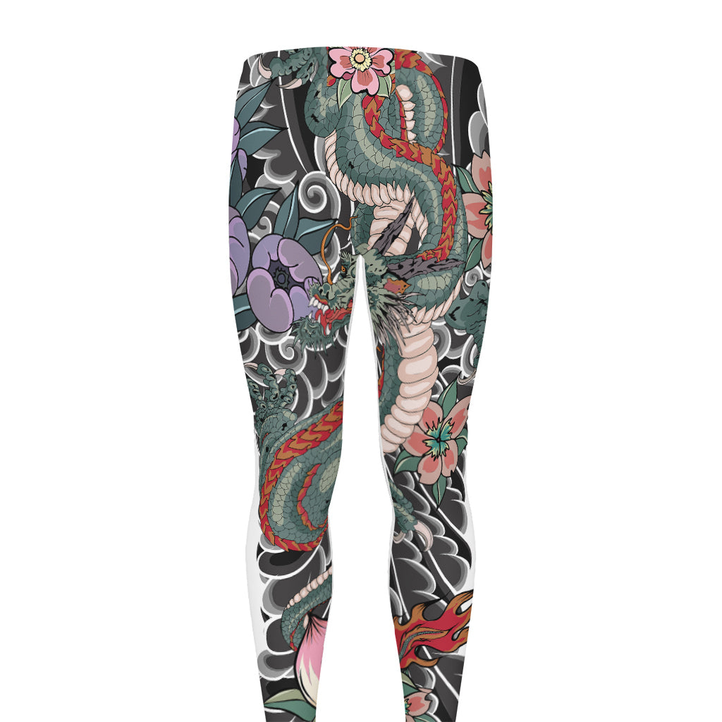 Green Japanese Dragon Tattoo Print Men's leggings