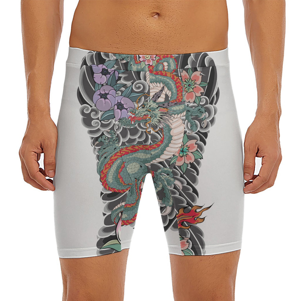 Green Japanese Dragon Tattoo Print Men's Long Boxer Briefs