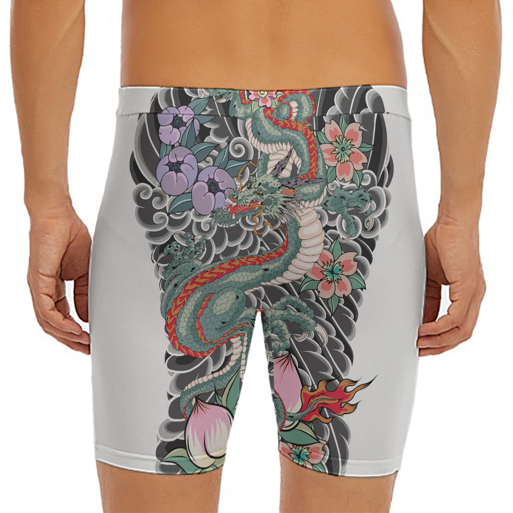 Green Japanese Dragon Tattoo Print Men's Long Boxer Briefs