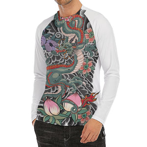 Green Japanese Dragon Tattoo Print Men's Long Sleeve Rash Guard