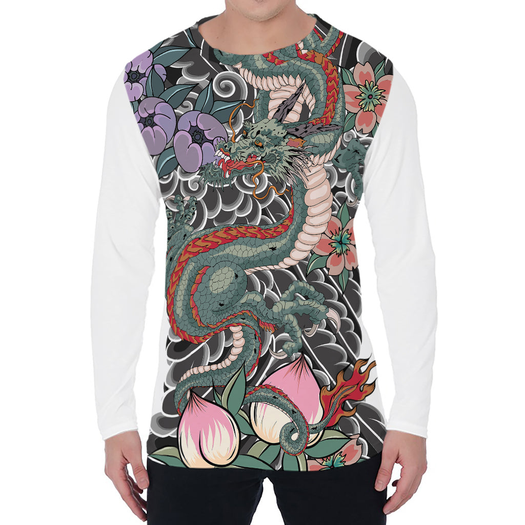 Green Japanese Dragon Tattoo Print Men's Long Sleeve T-Shirt