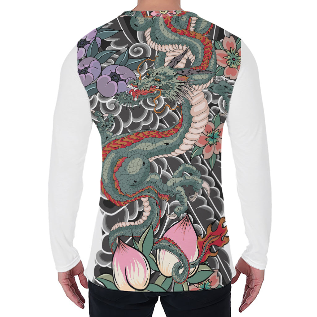 Green Japanese Dragon Tattoo Print Men's Long Sleeve T-Shirt