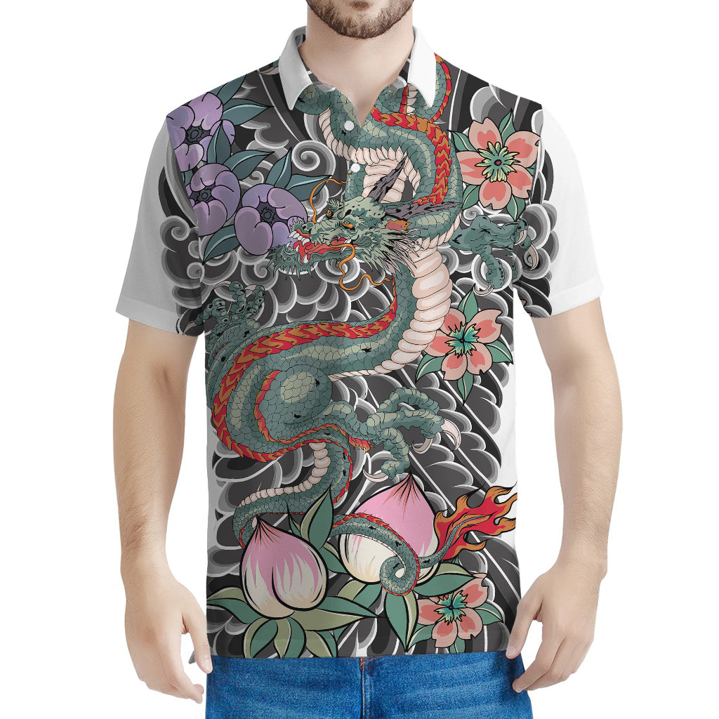 Green Japanese Dragon Tattoo Print Men's Polo Shirt