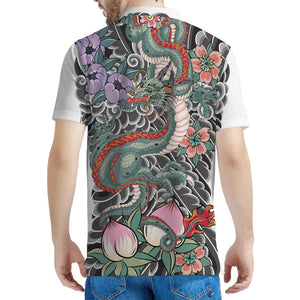 Green Japanese Dragon Tattoo Print Men's Polo Shirt