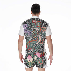 Green Japanese Dragon Tattoo Print Men's Rompers