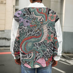 Green Japanese Dragon Tattoo Print Men's Shirt Jacket